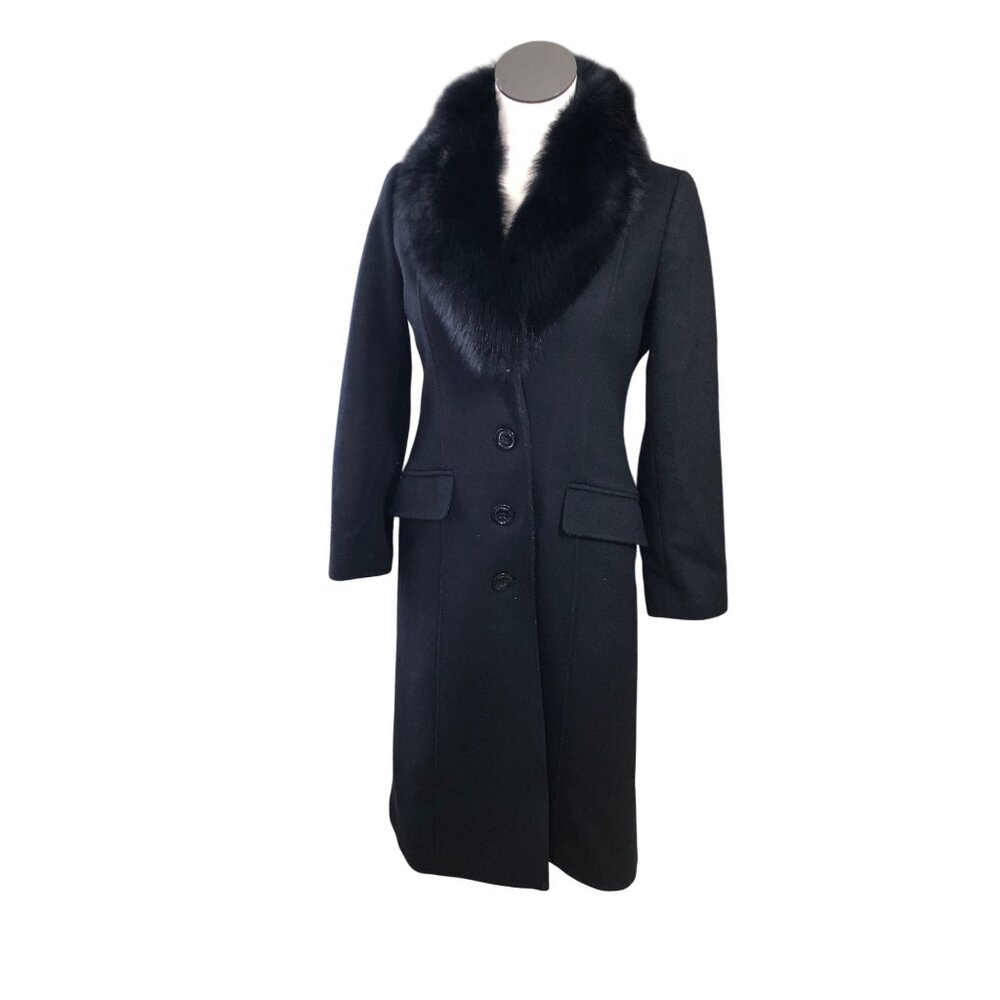 Sachi Coat Long Black Wool Cashmere Womens 2P Fox Fur Button Elegant Seams - Picture 13 of 16